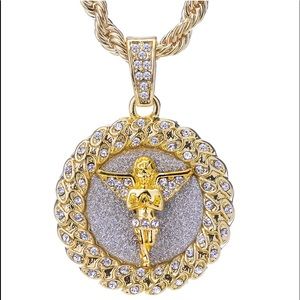 14K Gold Praying Angel Pendant 24” Rope Chain